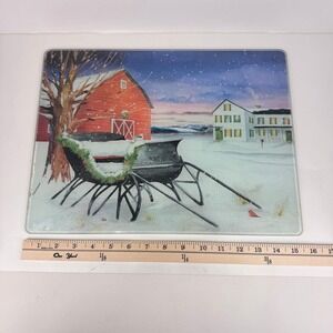 Vtg Tempered Clear Glass Cutting Board Winter Snow Imagery Barn Sled Christmas